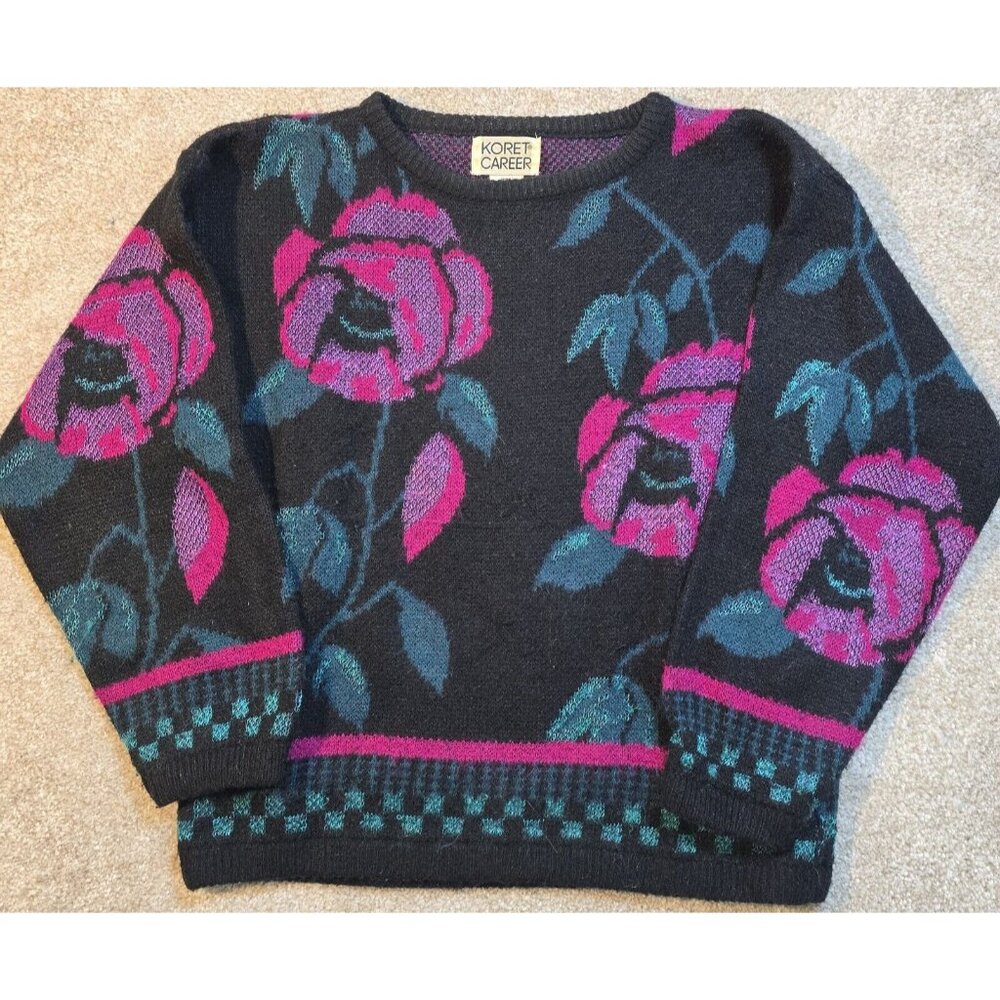 Koret Career VTG Sweater Pullover Colorful Floral Acrylic Nylon Black Women's L